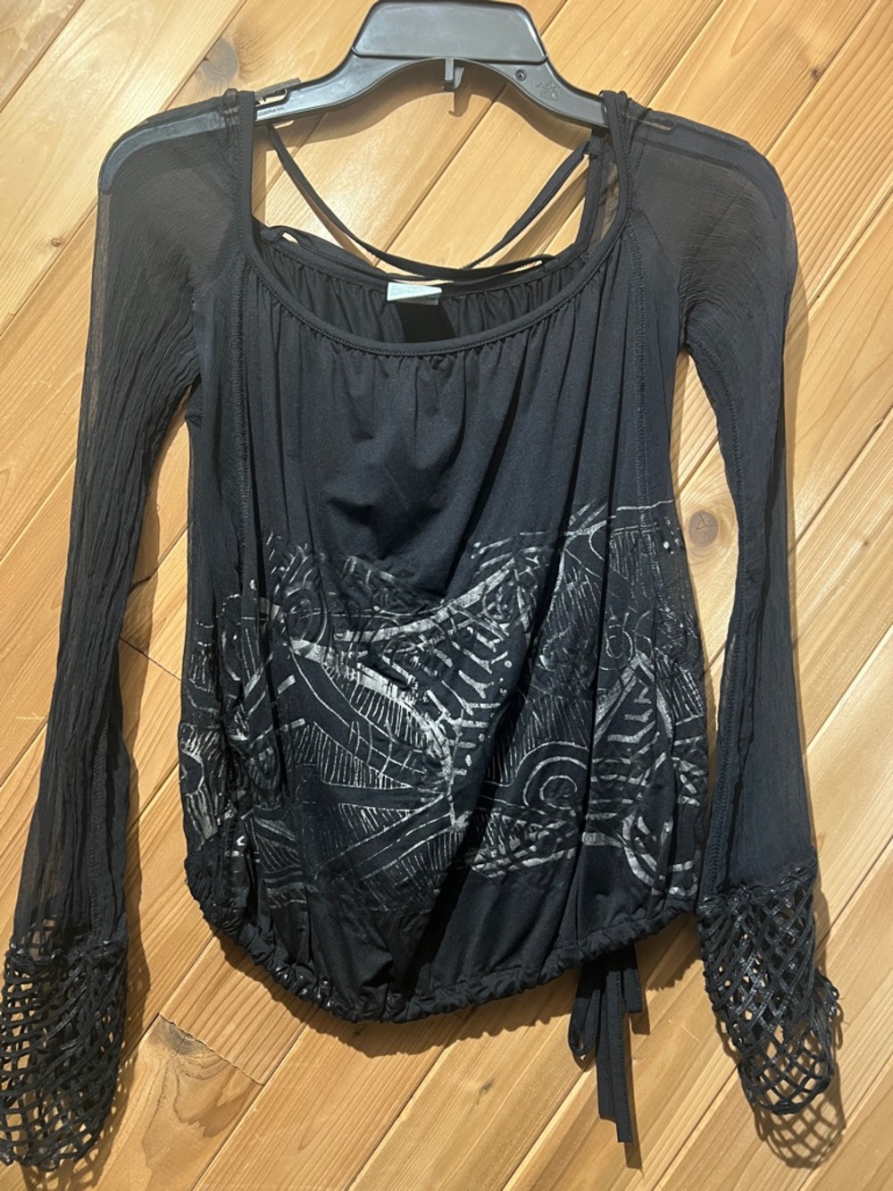 Women's Black Long-Sleeve Tunic with Silver Graphic Detail